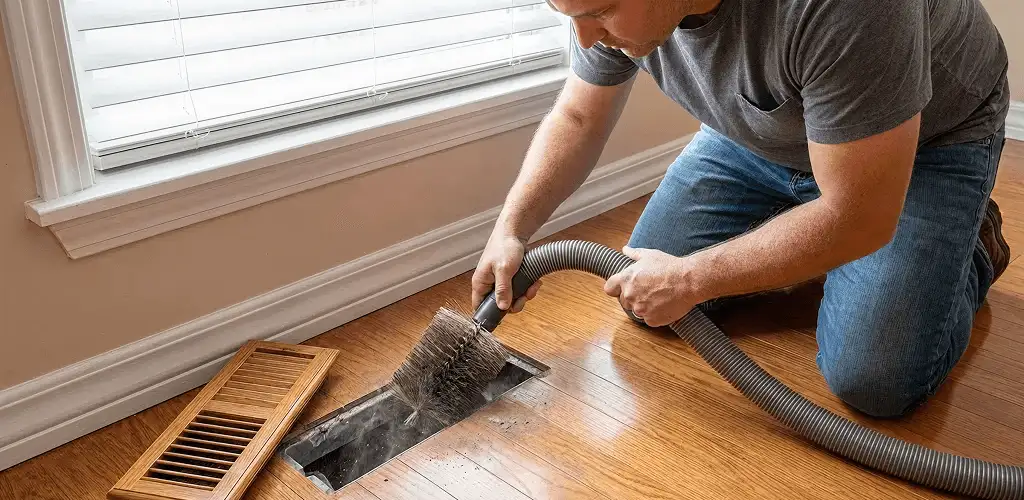 Air duct cleaning technician vacuuming a floor vent and duct opening in Stamford, CT
