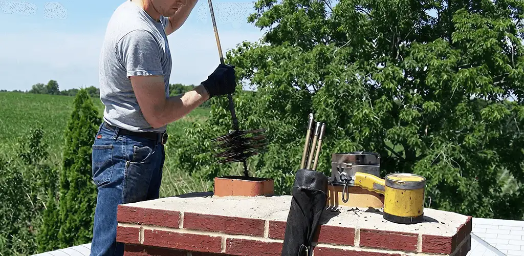 Chimney cleaning technician working on a rooftop chimney with professional tools in Stamford, CT