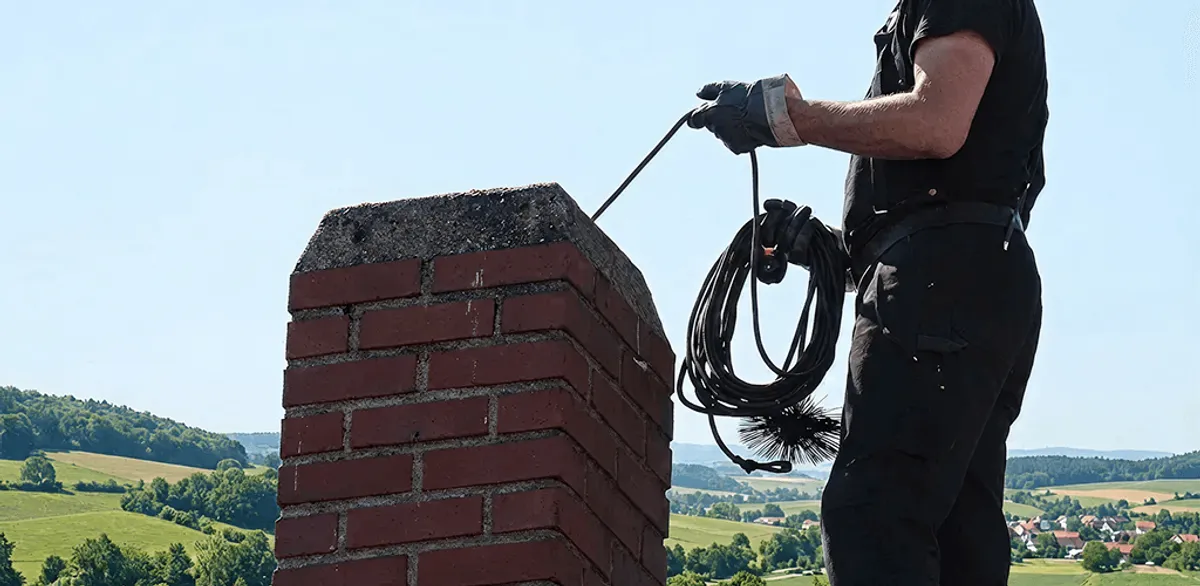Chimney sweep inspecting and cleaning a rooftop chimney in Stamford, CT