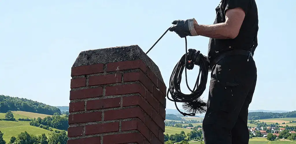 Chimney sweep inspecting and cleaning a rooftop chimney in Stamford, CT