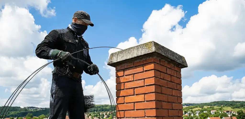 Chimney sweep cleaning a brick chimney with professional tools in Stamford, CT