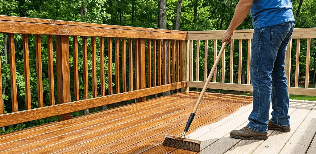 Deck staining and sealing application on a wood deck in Stamford, CT