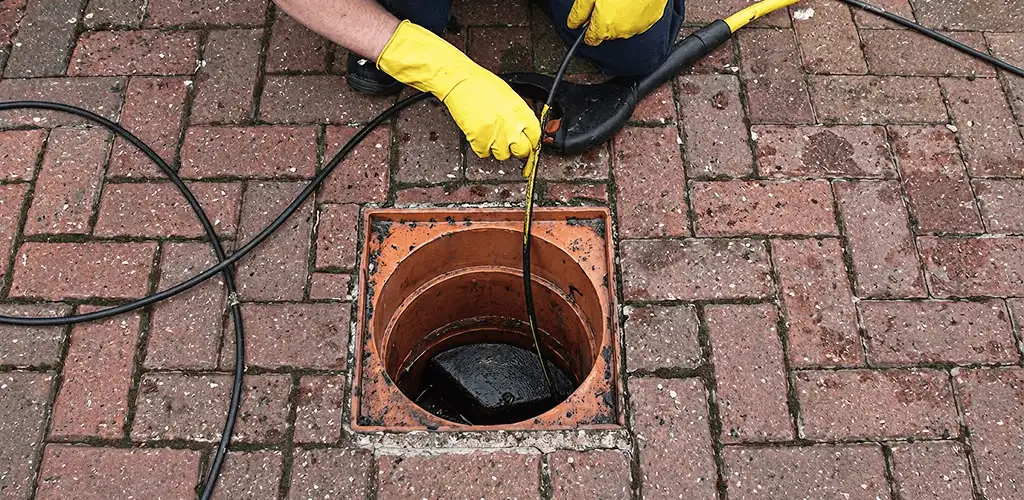 Drain cleaning technician using a drain snake to clear a clogged drain in Stamford, CT