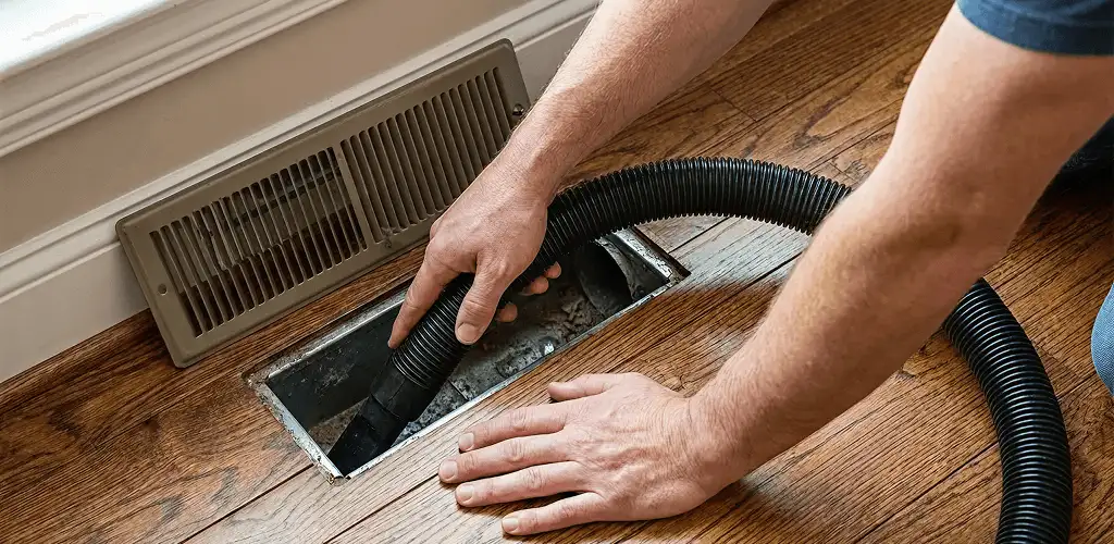 Air duct cleaning technician vacuuming a floor register and duct opening in Stamford, CT