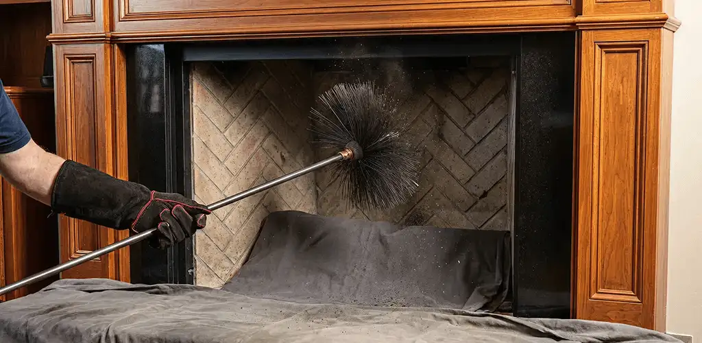 Chimney cleaning service brushing soot from a fireplace and flue in Stamford, CT