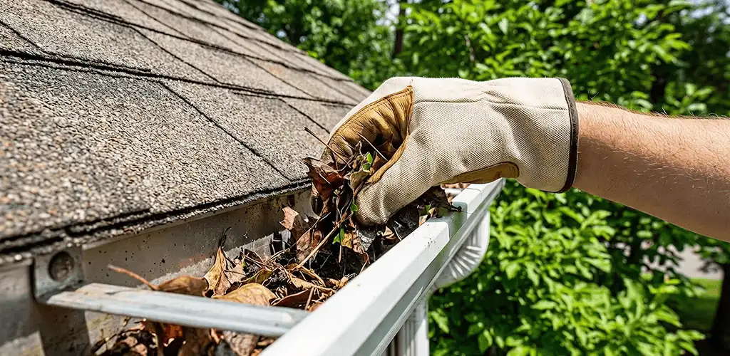 Gutter cleaning removing leaves and debris from roof gutters in Stamford, CT
