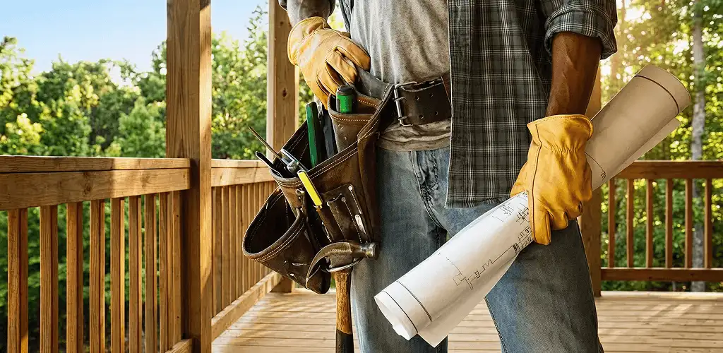 Professional handyman with tool belt ready for home repairs in Stamford, CT