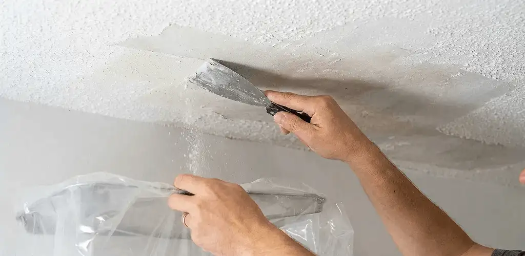 Popcorn ceiling removal technician scraping texture from a ceiling in Stamford, CT