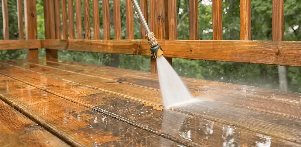 Pressure washing a wood deck to remove dirt and buildup in Stamford, CT