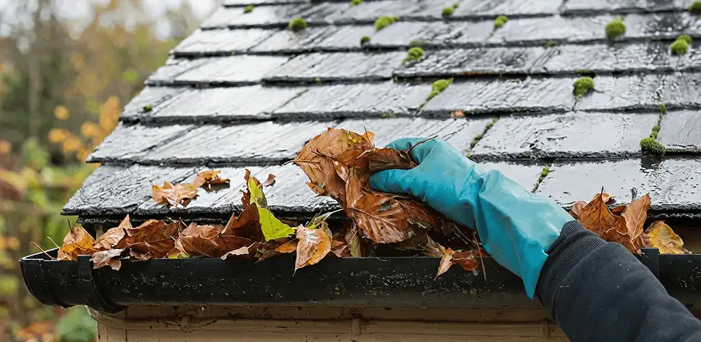 Gutter cleaning technician clearing wet leaves from roof gutters in Stamford, CT