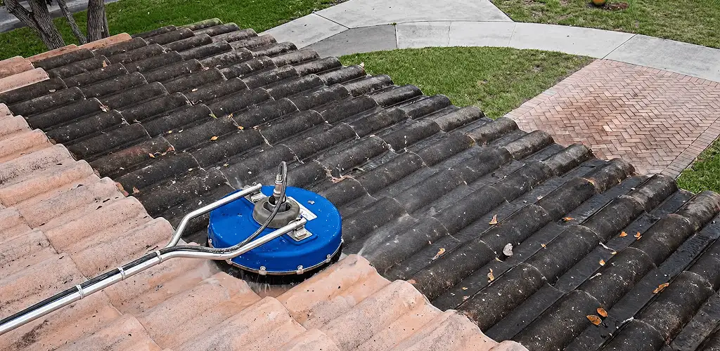 Roof pressure cleaning removing debris and buildup from roof tiles in Stamford, CT