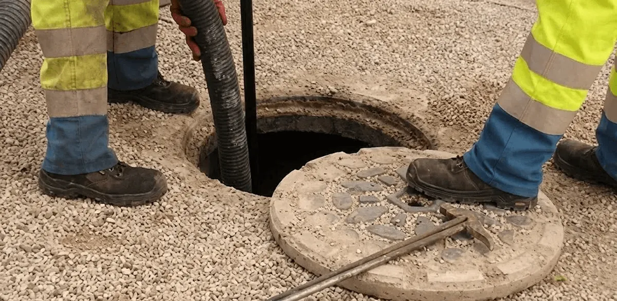 Drain cleaning crew clearing a sewer access point with professional equipment in Stamford, CT