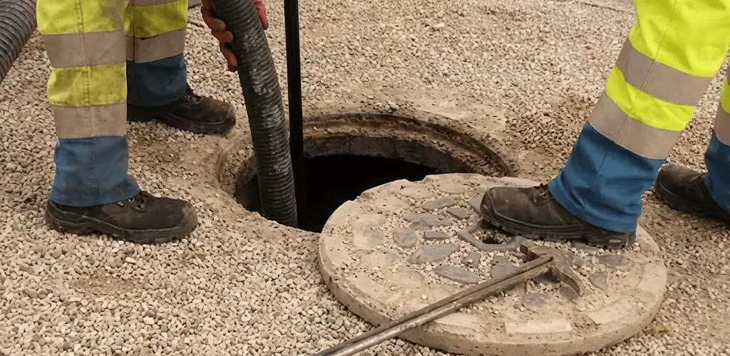 Drain cleaning crew clearing a sewer access point with professional equipment in Stamford, CT