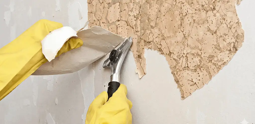 Wallpaper removal service stripping old wallpaper from a wall in Stamford, CT