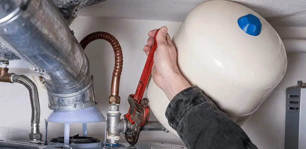 Water heater repair technician tightening plumbing connections near a tank unit in Stamford, CT